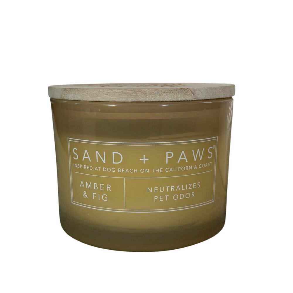 SAND + PAWS Amber & Fig 2 Wick 12 Oz Candle With Lid Neutralizes Pet Odor New